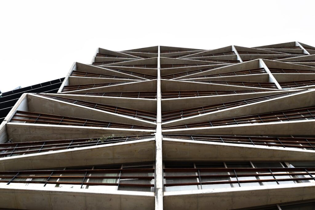 Striking modern facade with geometric design elements in Canberra, Australia.